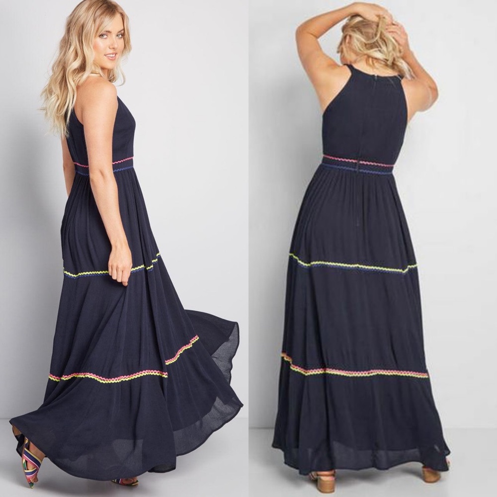 MODCLOTH Yes To Festive Ricrac Maxi Dress Navy